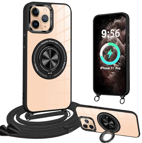 Magnetische Handykette Kompatibel mit iPhone 11 Pro Hülle mit Band [Kompatibel mit MagSafe] Handyhülle mit Band Transparent Acryl Schutzhülle mit Ständer für iPhone 11 Pro Handykette mit Ring, Schwarz