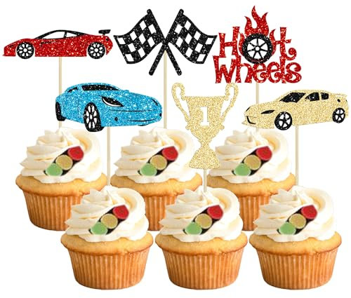 24Pcs Race Car Cupcake Toppers Glitter Traffic Light Steering Wheel Trophy Flag Racing Car Cupcake Pick Decorations for Let's Go Racing Sports Theme Baby Shower Boys Birthday Party