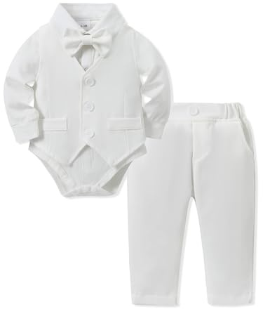 YALLET Baby Boy Clothes Suit Infant Boy Gentleman Outfits White Baby Christening Outfit Boy Dress Shirt+Bowtie+Vest+Pants Set for Wedding Party(Baby Baptism Outfits, 0-3 Months)