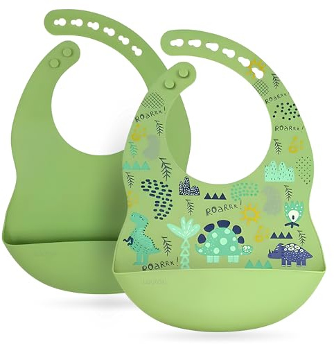 Bavaglino silicone | Set da 2 Bavaglini Neonato Silicone | Senza BPA, Bavaglino Silicone con Tasca Raccoglipappa, Lavabile e Morbido | Bavaglini Impermeabili | Bavaglini Silicone Raccoglipappa