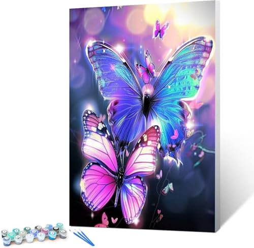 Schmetterling Malen nach Zahlen, Kaleidoskop DIY handgemalte Kits, Acrylpigment-Kunstwerk für Heimdekoration, Leinwand, Malerei, Geschenk für Erwachsene, Anfänger, Kinder, 60x80cm (mit Rahmen)