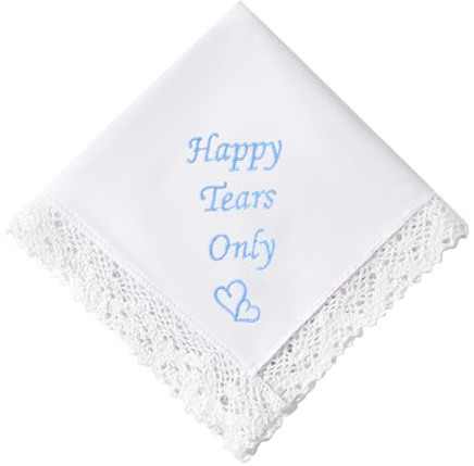 HOULIFE Taschentuch für Hochzeit, bestickt, 60er Jahre, aus Baumwolle, weiß, Hankies, Hanky, bestickt, personalisierbar, für das Geschenk des Hochzeitstags des Bräutigams, 32 x 32 cm, Happy Tears Only