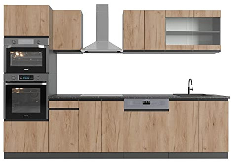 Vicco Küchenzeile R-Line, Goldkraft Eiche/Anthrazit, 300 cm