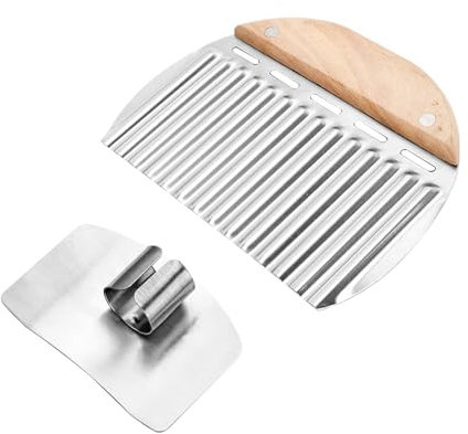 ZBHDEYG 1 coltello ondulato con manico in legno, 1 protezione per le dita, taglierina per patate, frutta e verdura, taglierina pieghevole, tagliapatate, accessori per tagliatate