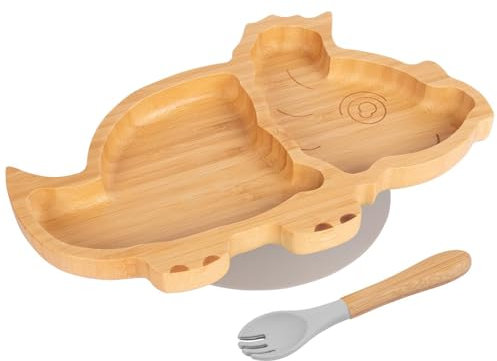 Tiny Dining 2pc Grau Bambus-Dinosaurier-Baby-Entwöhnungsteller & Gabelsatz - Hölzern Geteilt Kleinkind Kinder Essen Fütterung Tablett - Silikon Saugnapf