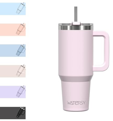 WATERSY Tazza Termica 891ml con Manico e Cannuccia, Tazza Mug Termica 30oz Doppia Parete Acciaio Inox, Lavabile in Lavastoviglie, Mantiene Caldo 6H/Freddo 12H per Ufficio, Auto e Viaggi, Rosa Chiaro