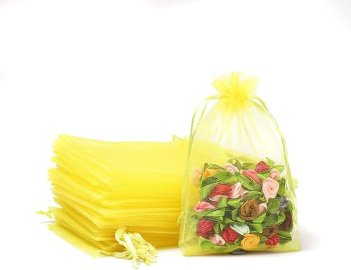 40 Stück Organzasäckchen, 15x20cm Geschenk Organzabeutel, Organza Säckchen zum Befüllen, Beutelchen Organza mit Kordelzug für Hochzeit Bonbonsbeutel, Schmuckbeutel, Geschenkbeutel,Gelb