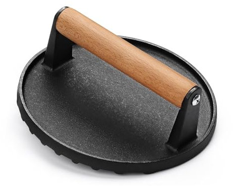 Okeeyseda Burger 7Inch Round Cast Iron Smash Bacon Meat Steak with Wood Handle for Sandwich, Nonstick Pan
