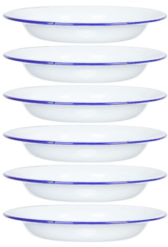 HOLIDYOYO Assiettes de Dîner en Émail 6pcs, Blanches, Rondes à Bord | Vaisselle et Plats de Service, Plateau Alimentaire Émaillé, Usage Extérieur et Diverses Occasions