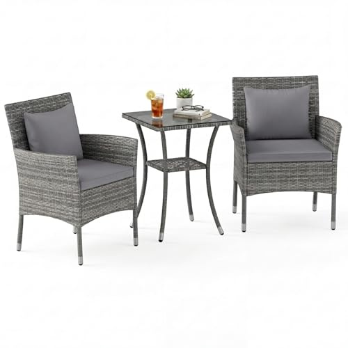 GIANTEX Juego de Muebles de Jardín 3 Piezas, 2 Sillones con Cojines y 1 Mesa con Tablero de Cristal, Conjunto de Muebles de Ratán para 2 Personas, Juego de Bistró para Balcón, Patio (Gris)