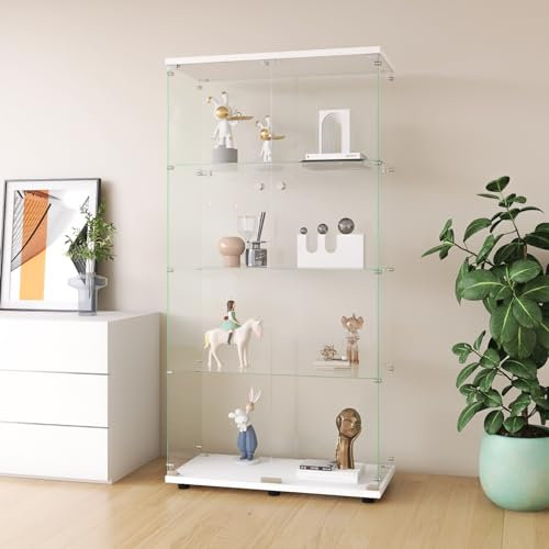 PerGar Glasvitrine Standvitrine, 4 Lagen Vitrine aus Glas mit 2 Türen, Wohnzimmerschrank Regal Glas Schrank Case, Vitrinenschrank Für Wohnzimmer Schlafzimmer Büro, Weiß, 164x80.5x36cm