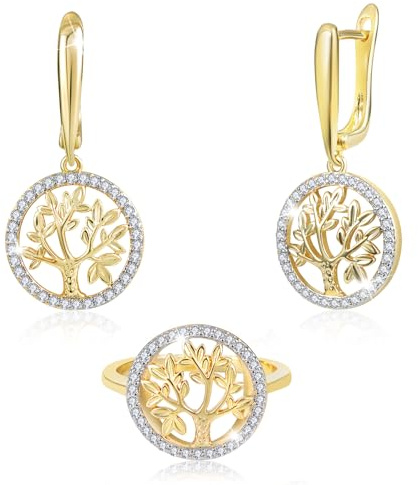 Richapex Set de Bijoux Femme Arbre de Vie - Boucles d'Oreilles Créoles & Bague en Or - Cadeau Anniversaire pour Elle - Tailles de Bague 7/8/9/10
