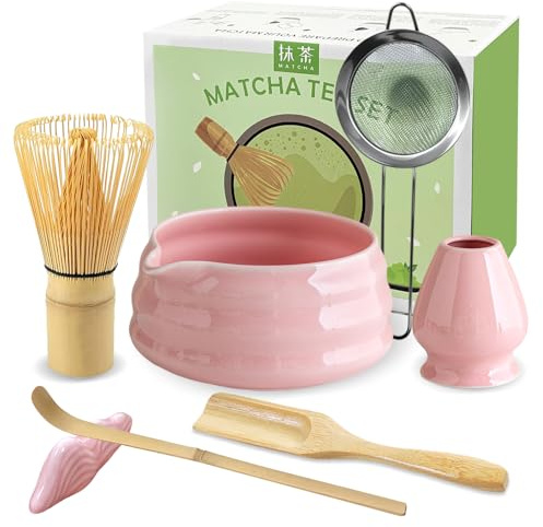 JBER Matcha Besen Set, Matcha Set Rosa 7 Teiliges für Matcha-Liebhaber | Handgefertigter Bambus Besen mit 100 Zinken, Schale mit Auslauf, Matcha Sieb, Löffel, Halter, Japanisches Matcha Tee Set Pink
