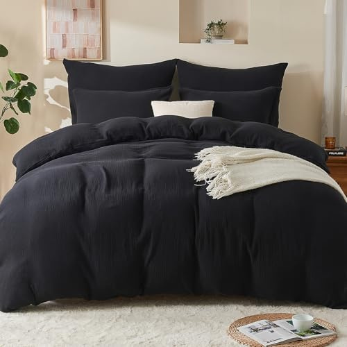 Set di biancheria da letto in mussola EMME 100% cotone, 135x200 Set di biancheria da letto estiva doppia con cerniera, set da 1 copripiumino con 1 federa 80x80 cm, copriletto in mussola, ÖKO-TEX, Nero