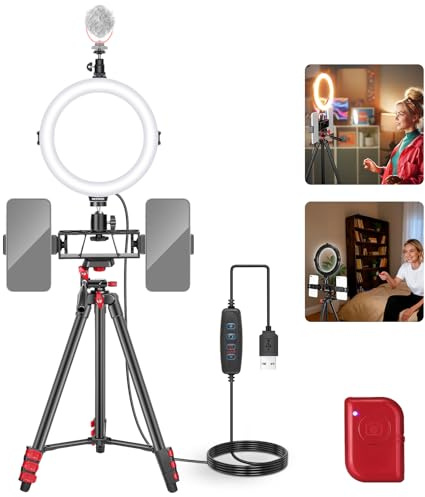 NEEWER BASICS 8 Selfie Ring Light con Treppiede/2 Porta Telefono Compatibile con iPhone/3 Cold Shoe/Telecomando, Luce Ringlight LED per Registrazione Video Vlog YouTube TikTok Trucco Streaming, R08