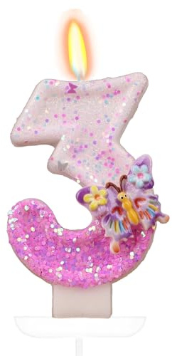 Tourima Kerze 3 Jahr Mädchen & Junge, Glitzer Zahlenkerze Schmetterling, Geburtstagskerze 3, Kerzen Geburtstag Kinder, Tortendeko Kuchen Deko, Geburtsagskerzen Kinder, Deko 3. Geburtstag Mädchen Junge