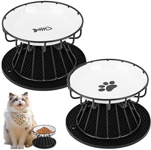 Katzennapf Erhöht, 2 Stück Katzennapf aus Keramik mit Napfunterlage Silikon Und Metallständer, Zervixschutz-Katzennapf, 15 cm Durchmesser,10cm Metallständer,Katzennäpfe für Futter Wasser