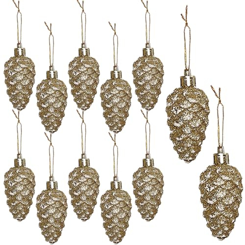 HERZWILD 12PCS Christbaumschmuck Zapfen zum Aufhängen Kunststoff Deko Tannenzapfen Anhänger für den Weihnachtsbaum (Gold-A)