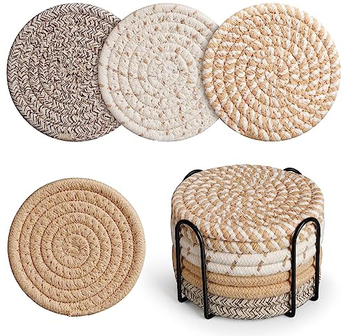 Drink Coasters with Holder,Geichan 4 Colors Absorbent Coaster, Cotton Woven Coasters Set of 8 for Table Protection, Home Decor, Glasses, Cups, Bar, Housewarming Gift (Apricot Series)