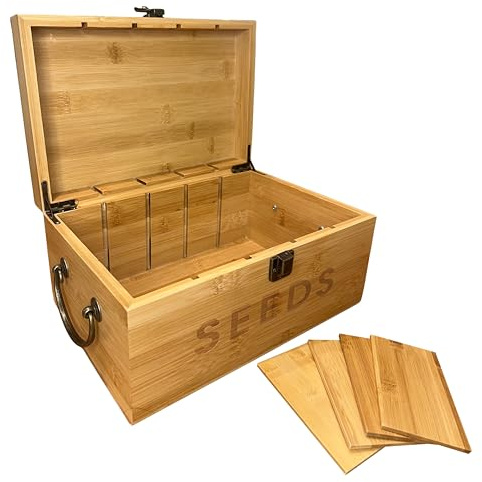 Nimpro Bambus-Aufbewahrungsbox für Samen, Holz-Samenbox mit abnehmbaren Trennwänden, Metallgriff und Riegel, Samenhalter, Organizer für Garten-Samenpakete und Aufbewahrung (26,9 x 17,8 x 13 cm)