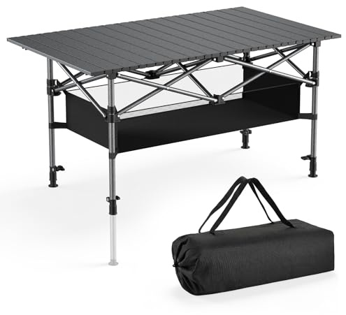 Yigowyigo Campingtisch Klappbar 95x55x55cm Klapptisch Höhenverstellbar, Aluminium Tischplatte Aufrollbar, bis 80kg inkl. Camping Falttisch mit Trageband & Netztasche für Picknick Garten Reisen Schwarz
