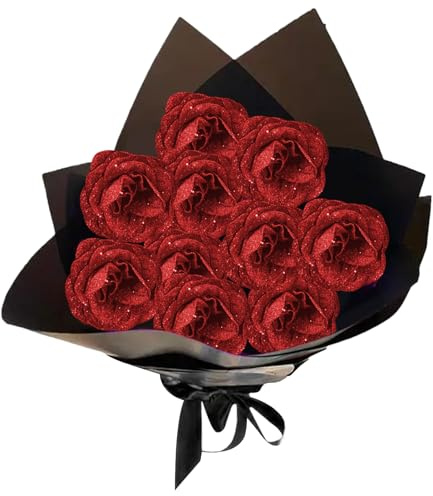 Hperu Glitzer-Rosenstrauß, 1 Set, realistisches künstliches Rosen-Set mit 10 Rosen, 10 Stielen, 2 Geschenkpapierband für Hochzeit, Valentinstag, Rot – Glitzer-Rosenstrauß Rose