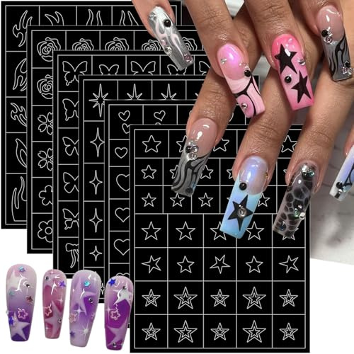 6 Sheets Airbrush Nail Stencils Stickers Heart Star Flowers Butterfly Flame Nail Art Stickers with Hollow Design 3D Self-Adhesive French Nails Guides Decals for Women Manicure Decoration DIY Tools