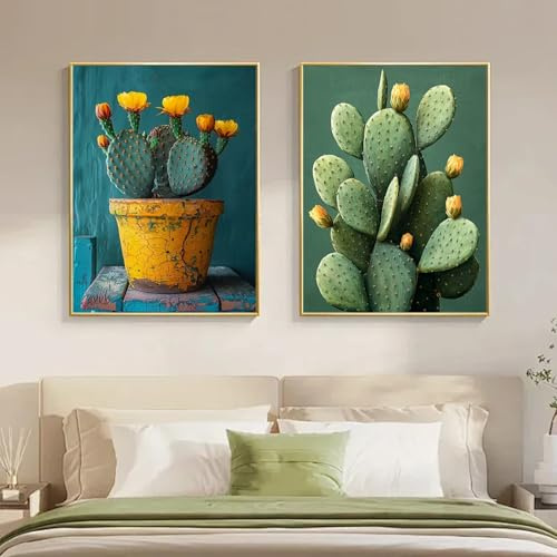 TROYSINC 2er Opuntien-Kaktus Leinwandposter Set – Blühender Kaktus in Topf & Natur Motiv Bilder, Aesthetic Wandbilder Wohnzimmer Wanddeko für Wohnzimmer & Küche, ohne Rahmen (50x70cm)
