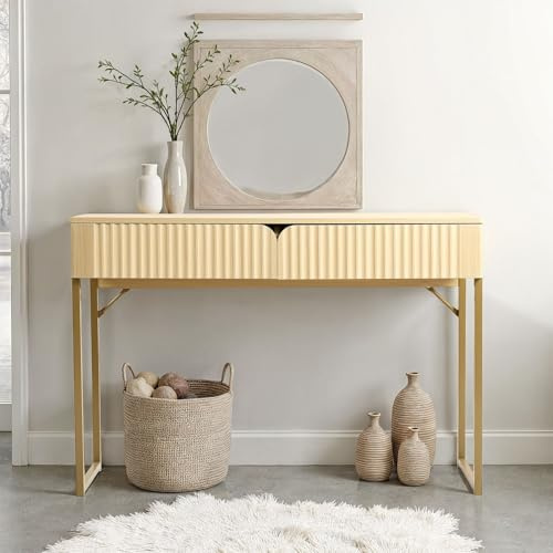 IDIMEX Konsolentisch FRIBO mit 2 Schubladen, 110 x 40 cm, Eiche/Gold – Moderne Schubladenkonsole mit Rillenfront, Metallgestell in Gold, grifflose Optik, als Schminktisch nutzbar