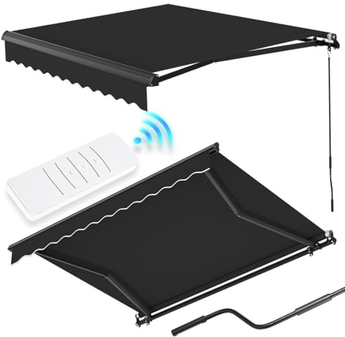 Store électrique à bras articulé, avec télécommande et manivelle, pour balcon et terrasse comme protection solaire, store de terrasse et store de balcon avec angle d'inclinaison réglable jusqu'à 45°