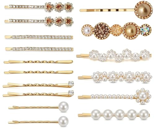 Ruispeed 16 Stück Haarklammern Damen, Gold Haarnadeln mit Perlen & Strass, Bobby Pins für Alltagsfrisuren & Party, Elegante Haarspangen, U-Form Haarclips