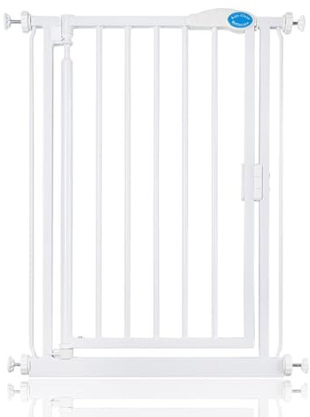 Bettacare Automatisch Schließendes Treppengitter, 61cm – 66.5cm, Weiß, schmal, druckfest, Sicherheitsgitter, Babygitter, Sicherheitsbarriere für Türen, Flure und Räume, einfache Installation | Kein Bohren erforderlich, Einhandöffnung, doppelte Verriegelung, Auto-Close, einfache Installation.
