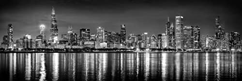 PHOTOSBYJON Chicago Skyline Night Blanco y Negro B y W BW 12 Pulgadas x 36 Pulgadas sin Marco fotográfico Panorama impresión fotográfica Imagen tamaño estándar