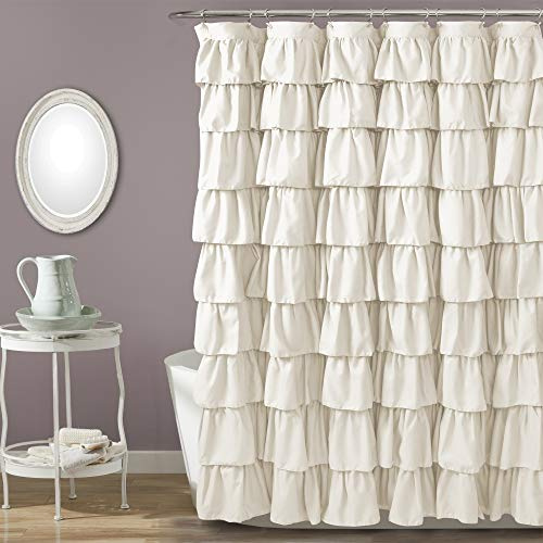 Lush Decor Ruffle Shower Curtain | Floral Textured Vintage Chic Farmhouse Style Design, Ivory, 72 x 72