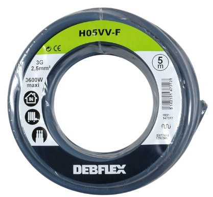 Bobinot de câble - Bobine de fils électrique - Câble électrique - Couronne de câble - Bobinot Câble Souple 5 mètres HO5VV-F 3G2.5 mm ² - Gris - 147312 Debflex