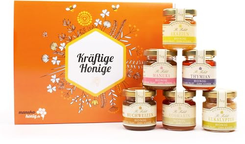 Rüdiger Feldt Kräftige Honige Probierset mit 6x50g verschiedenen Honigsorten wie Manuka-, Buchweizen-, Thymian-, Rosmarin-, Akazien- Eukalyptushonig