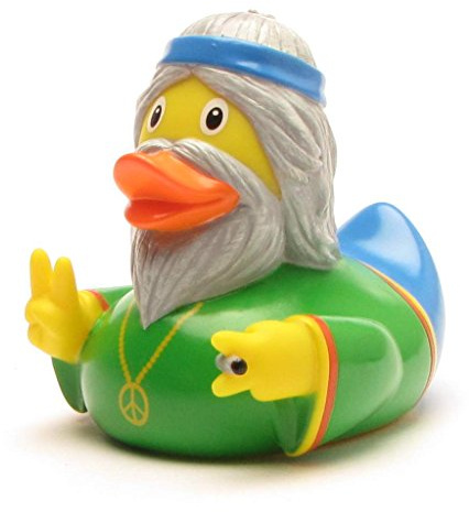 Duckshop I Badeente Hippie Mann I Quietscheente I L: 7,5 cm I Quietscheentchen I Geschenk für 70er-Fans I Präsent Sammler