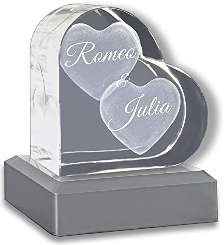 3Dglas Glasherz mit zwei großen Herzen - mit Gravur - mit LED Leuchtsockel - Geschenk - Geschenke für Frauen - Geschenk für Sie