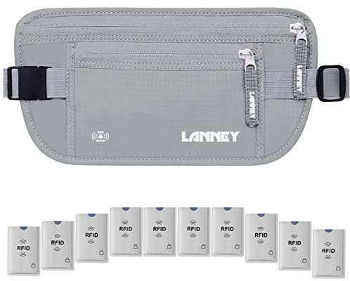 Travel Money Belt for Men Women, RFID Blocking Concealed Waist Wallet Pouch Under Clothes Passport Holder Antitheft Waist Stash Bag for Travelling, Bonus 10 RFID Credit Card Sleeves, Silver Gray