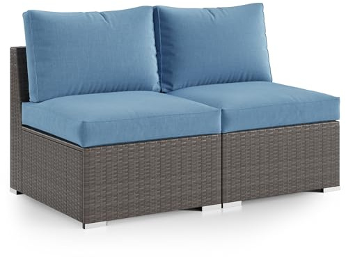 Wisteria Lane 2 Piece Patio Armless Sofa, Outdoor Wicker Sectional Furniture with Cushion, Additional Loveseats for Garden Backyard, Blue