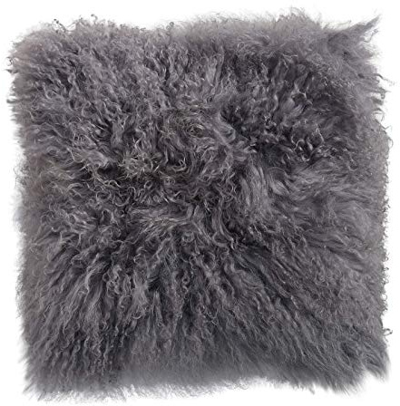 Hollert Lammfellkissen Tibet lockige Wolle 40 x 40 cm + Inlett Daunenkissen echtes Schaffell Zierkissen Dekokissen Sofakissen Farbe Grau