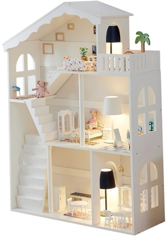 Wooden Dollhouse Bookcase for Kids Bookshelf Doll house Toys Books Storage Organiser Shelf with 3 Tier Display Shelving Unit White Storage Rack Children's Bedroom Furniture