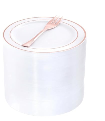 WELLIFE 240 Pieces Rose Gold Plastic Dessert Plates with Disposable Forks, Includes 120 Pcs Appetizers Plates 6.3 inch, 120 Pcs Rose Gold Forks, Perfect for Party and Weddings
