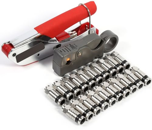 Kompressionszange Set mit Crimpzange, Einstellbarer Koaxial Abisolierer für RG59 RG6, F Stecker Coax Cable Crimper, 20 Stück