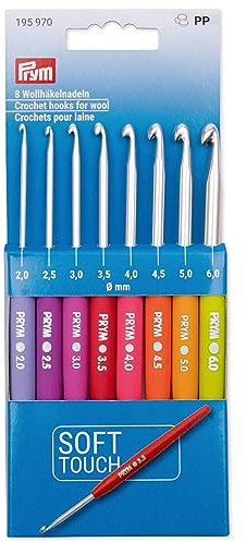 Prym 195970-1 Häkelnadel-Set Soft Touch | Ergonomischer Griff für bequemes Häkeln | Farbcode zur Größenkennzeichnung, 8 Aluminium-Nadeln mit farbigem (2–6 mm), Mehrfarbig, Einheitsgröße
