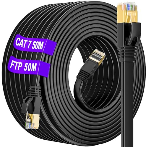 Cat 7 50m Impermeables para Exteriores Interior, Cable Ethernet 50 metros Alta Velocidad Cable de Red LAN Blindado Para Internet Rápida & Fiable- Cat7 rj45 Cable Anti-jamming para Router PC(50 Clips)