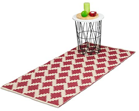 Relaxdays Läufer, Baumwolle, 70 x 140 cm, rutschfest, handgewebt, Rauten Muster, Teppichläufer Flur, Küche, beige/rot