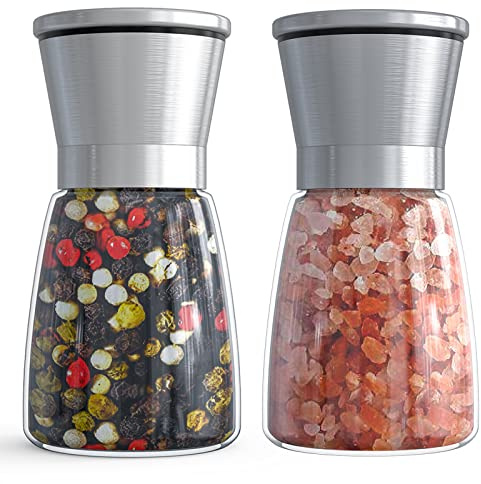 Ebaco Salt and Pepper Grinder Set - Refillable Grinder Adjustable Coarseness of Pepper Salt Spice Stainless Steel Mills Glass 6oz（2 Pack）