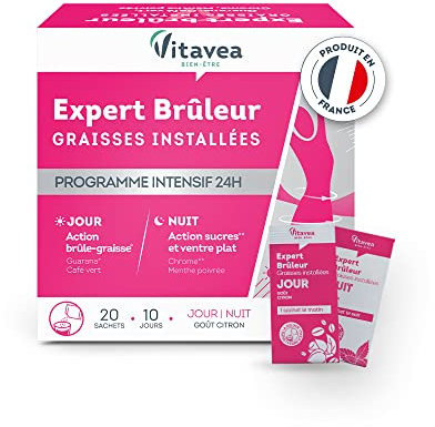 VITAVEA BIEN-ETRE - Préparation minceur Expert Brûleur graisses installées et Ventre plat - Programme Intensif 24h Jour / Nuit - Guarana Menthe poivrée Chrome - 20 sachets - Fabriqué en France