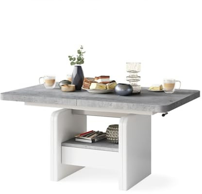 All4All Couchtisch Leo 120x75 cm - Wohnzimmertisch Höhenverstellbar - Esstisch mit Ablage und Schublade - Ausziehbar bis 180 cm - Esszimmertisch - Modern - Beton + Weiß 05